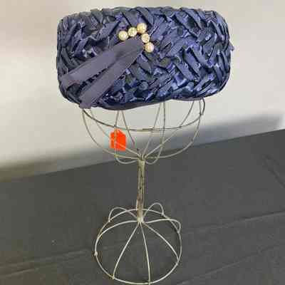 Women's Navy Straw & Ribbon Pillbox Hat w/ Pin