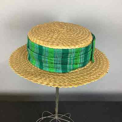 Men's Tan Straw Boater Hat w/ Green Grosgrain Ribbon