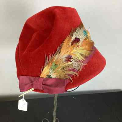 Women's Red Felt Cloche Hat w/ Feather