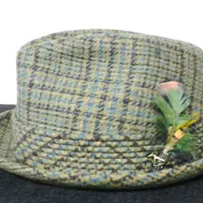 Men's Green Plaid Tweed Fedora Hat w/ Feather Pin