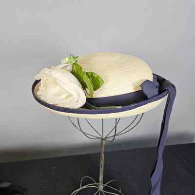 Women’s White Straw Hat w/ Navy Ribbon Band + Flowers