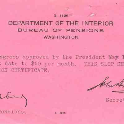Record from United States, Department of the Interior, Bureau of Pensions, Washington