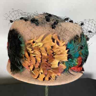 Women's Taupe Wool Felt Cloche Hat w/ Feathers U Netting