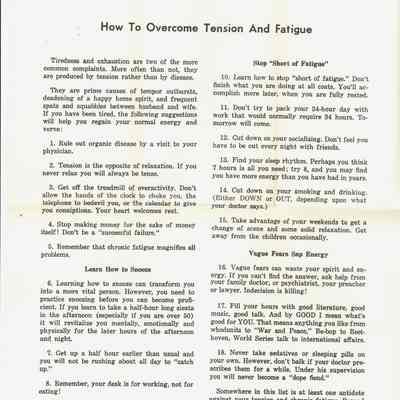 "Hints on How to Overcome Headaches", "Maybe Your HEart Trouble's Imaginary", "How To Overcome Tension and Fatigue".