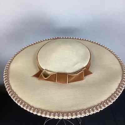 Women's Beige Linen Hat w/ Brown Velvet Trim