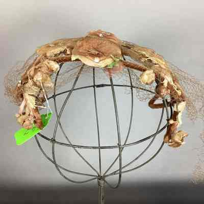Women's Beige Wire Hat w/ Netting & Flowers