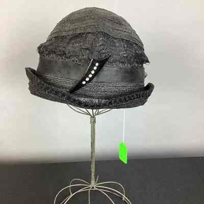 Women's Black Straw Cloche Hat w/ Satin Ribbon & Rhinestone Pin