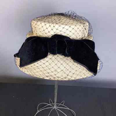 Women's Beige Straw Birdcage Hat w/ Black Velvet Bow