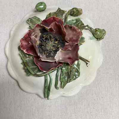 White & Maroon Floral Ceramic Dish