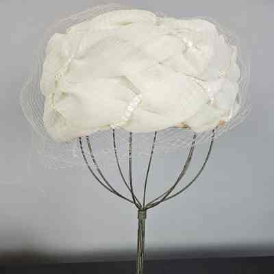 Women's White Birdcage Pillbox Hat w/ Sequins