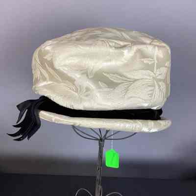 Women's Cream Satin Brocade Hat w/ Black Velvet Ribbon