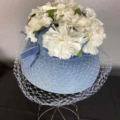 Women's Light Blue & White Floral Straw Birdcage Hat