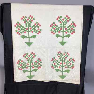 White, Red, & Green Tree of Life Applique Quilt