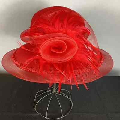 Women's Red Felt Hat w/ Braided Trim & Feathers