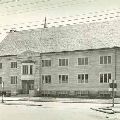 Church, exterior, view of the back of the building