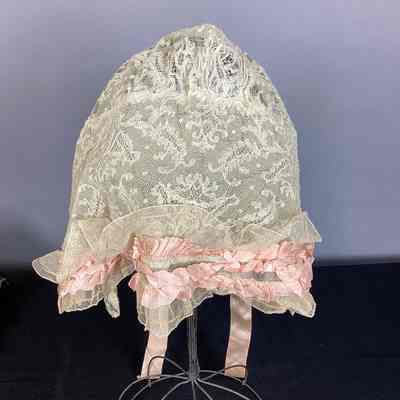 Women's White Lace Day Cap / Bonnet w/ Pink Satin Ribbon