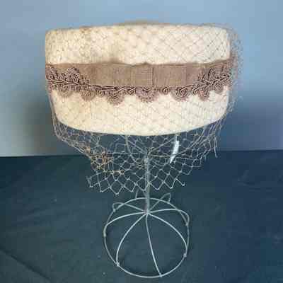 Women's Tan Felt Birdcage Pillbox Hat