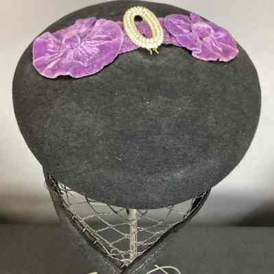Women's Black Felt Pill Box Hat w/ Purple Velvet Rosettes & Pearl Pin