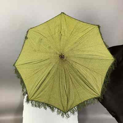 Green & Black Striped Cotton & Silk Parasol w/ Fringe Trim