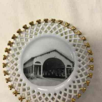 White Gilded Lattice Walkerville Bridge Glass Commemorative Plate