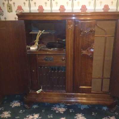 Records player with doors open