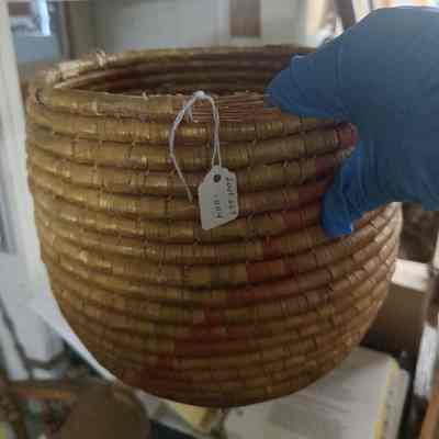 Indigenous Basket With Diagonal Red Weaves