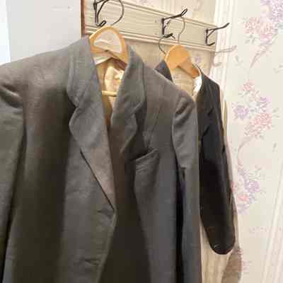 Grey Blazer Jacket, Black Suede Vest, Button Up Collared Shirt