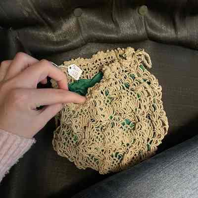 Crochet green satin purse