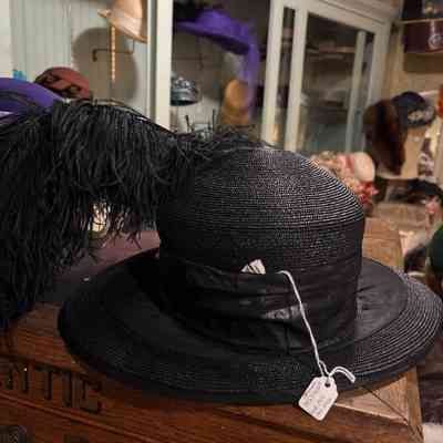 Black Wide Brimmed Hat with Black Feather