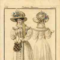 2 Ladies, White Pelisse, Plaid Reticule