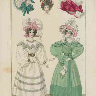 2 Ladies in Dress and Pelisse, 2 Hats and a Coiffure