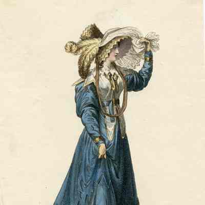 Promenade Dress, Blue Pelisse, Huge Bonnet with Veil