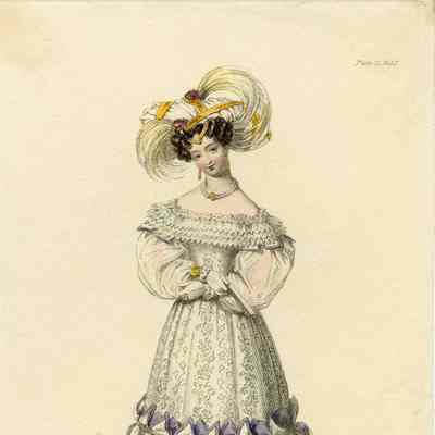 English Dinner Dress, White with Lavender, Wide Turban