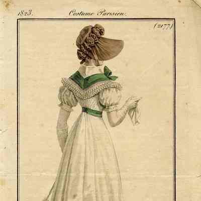 White Dress, Green Trim, Puce Bonnet