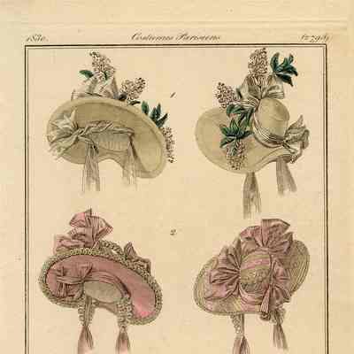 Front and Back Views of 3 Hats, Including Italian Straw Bonnet