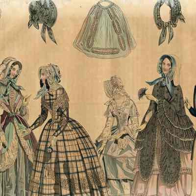 Ladies in Busy Dresses and a Man, Plus Heads