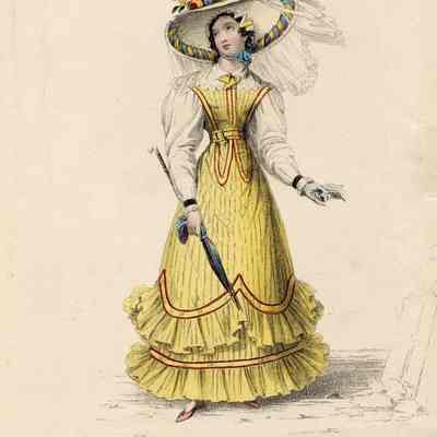 Sea-Side Costume, Yellow 'Jumper' Huge Hat, Parasol