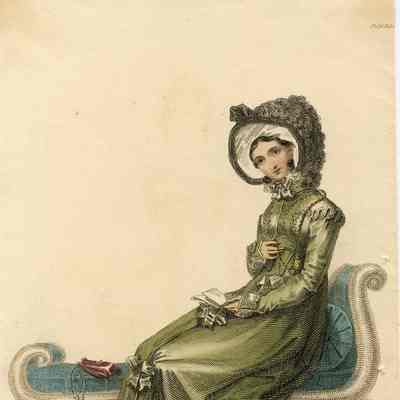 Promenade Dress, Green Pelisse and Plumed Bonnet