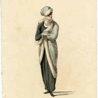 Morning Walking or Carriage Costume, Black Dress, Blue Wrap