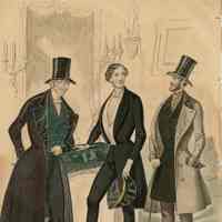 3 Men By Fireplace, One in Long Black Topcoat