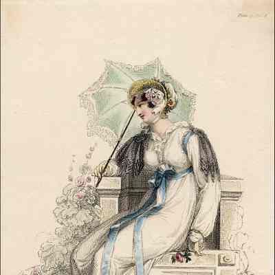 Walking Dress, Lady on Stone Bench, Green Parasol