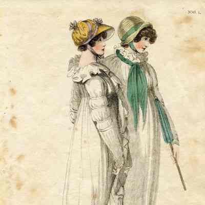 Walking Dress, 2 Ladies, One with Green Scarf