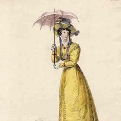 Walking Dress, Yellow Pelisse, Pink Parasol