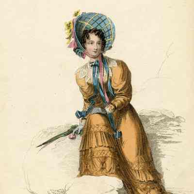 Promenade Dress, Peach, with Blue Lined Bonnet