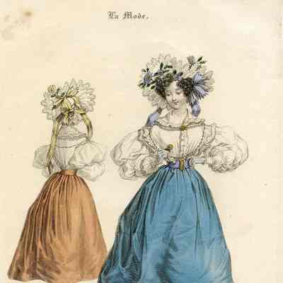 2 Ladies in DInner Skirt and Blouse, Deep Frilled Caps