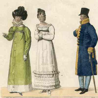Ladies and a Man - He in Blue Coat, One in Green Coat
