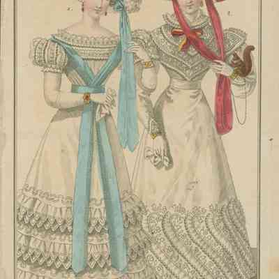 2 ladies in white dresses, big red trimmed hat, Pet squirrel