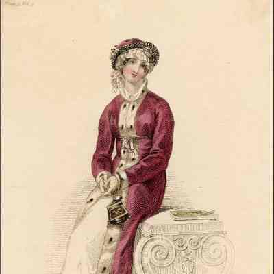 Morning Walking Dress, Red Pelisse, Ermine Trim