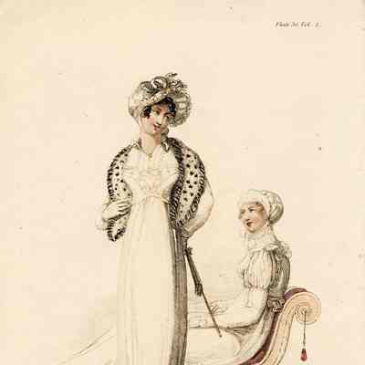 Walking and Morning Dress, 2 Ladies, One on Recamier