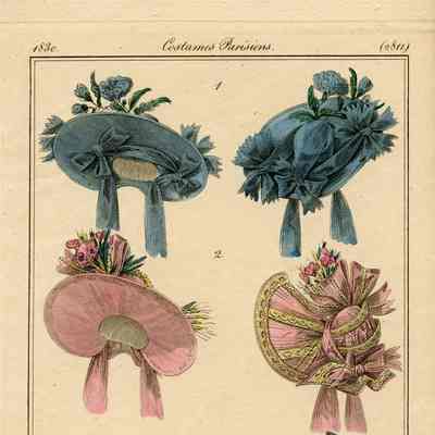 Front and Back Views, 3 Hats, Including Pink Bonnet with Bands